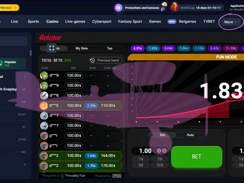 Aviator game in win casino